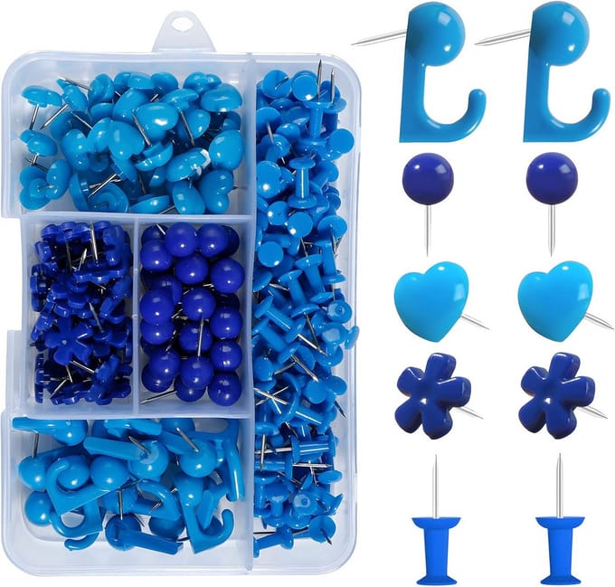 Punaises Set - Duimspijkers Prikkers - Documenten Bevestigen - Verschillende Vormen - 215 Stuks - Blauw