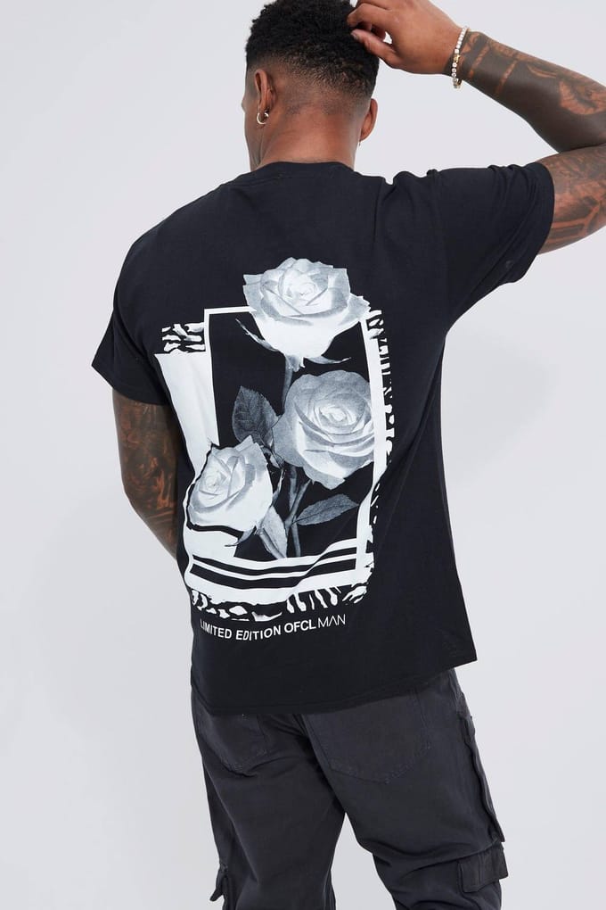 Regular Fit Rose Graphic T-shirt | Black | Size Medium