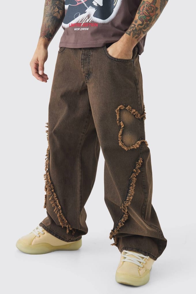 Baggy Rigid Butterfly Applique Gewassen Denim Jeans | Brown | Size 32R