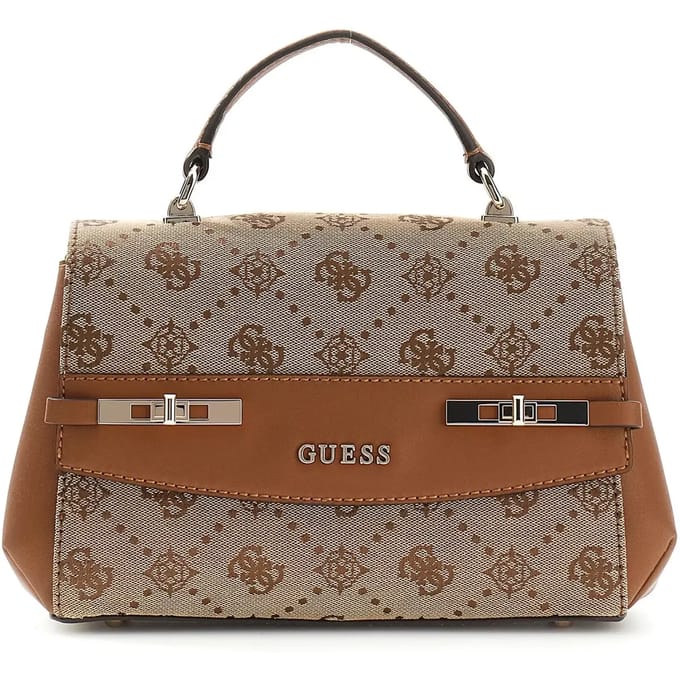 GUESS handtas schoudertas Melinda Logo Top Handle Bag Latte Logo Lichtbruin