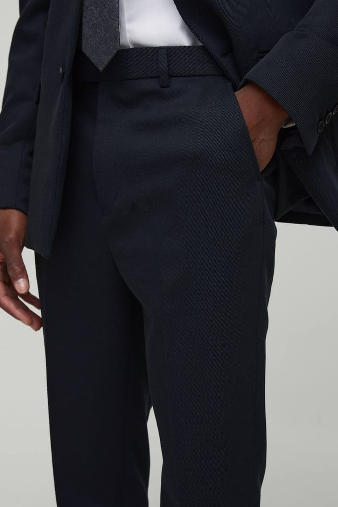 Tapered Fit Ribbed Twill Fixed Waist Trouser | Navy | Size 46