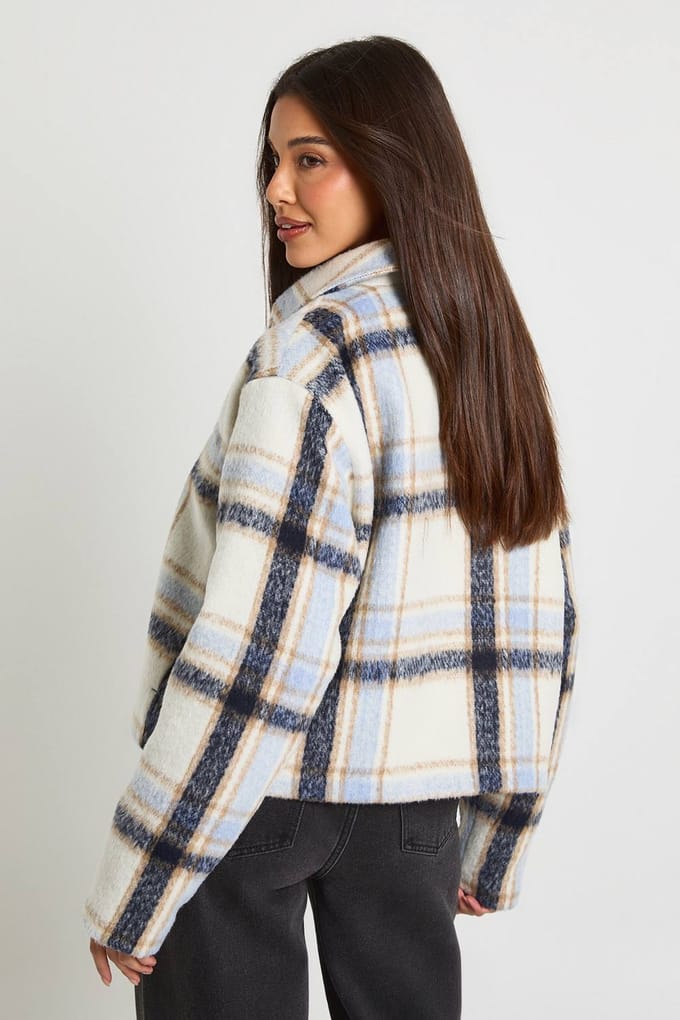 boohoo Dames Geruite Zip Wollen Look Jas | Blauw | Maat: 36