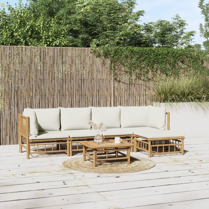 vidaXL - 6-delige - Loungeset - met - kussens - bamboe - crèmewit