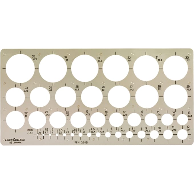 Cirkelsjabloon Linex 39 cirkels met inktvoetjes 1-35mm grijs