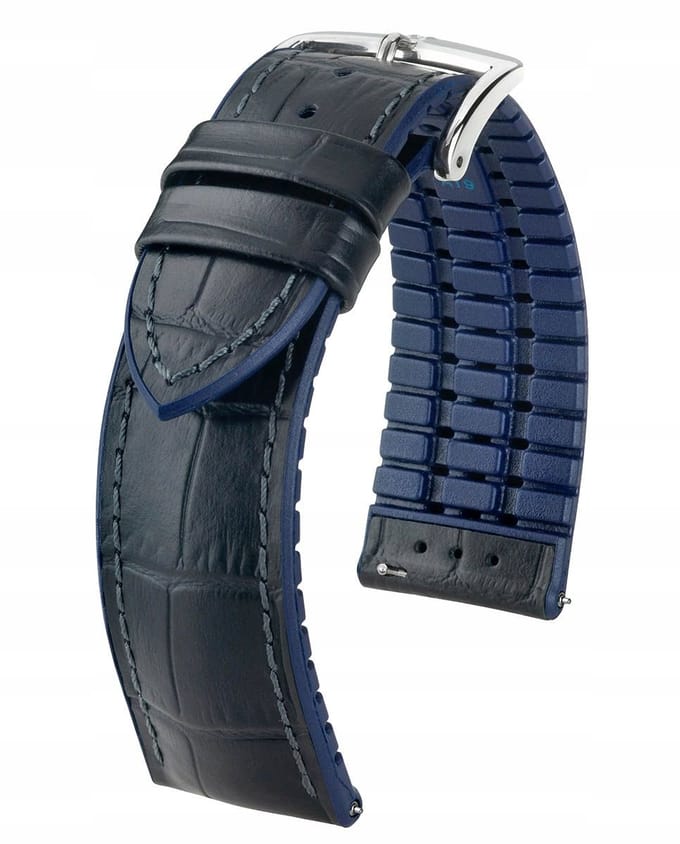 Hirsch Andy Horlogeband 18mm - Zwart met Blauwe Rand