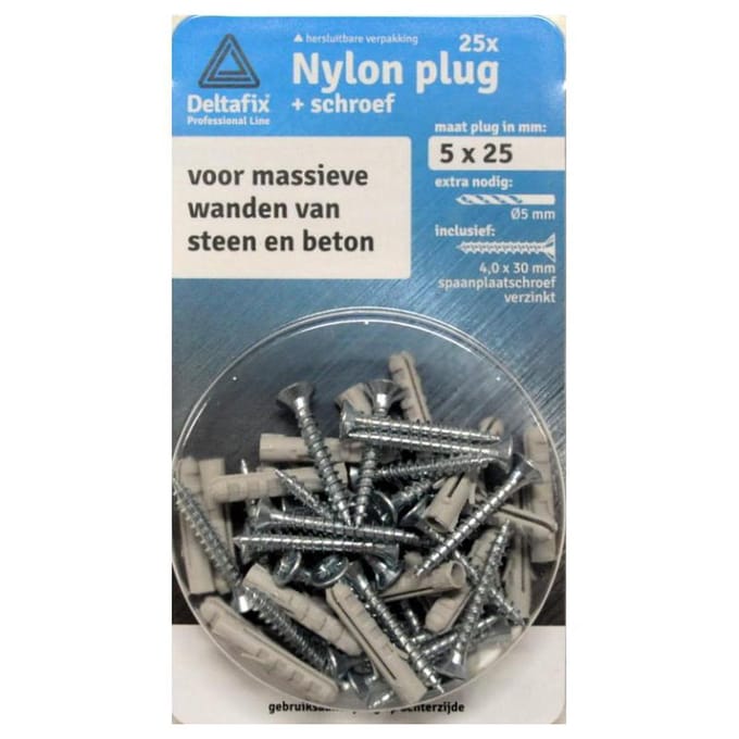 Deltafix nylon plug + schroef 5mm 25x (kruiskop)