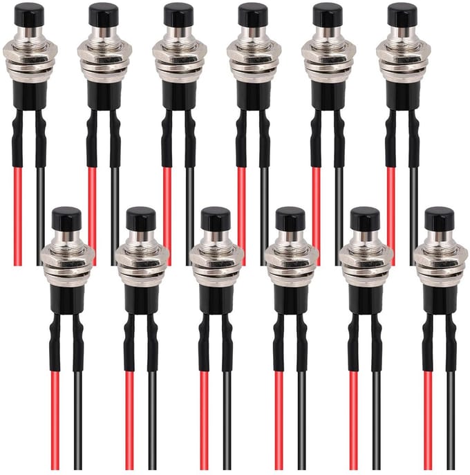 12 Stuks Voorbedrade Mini Drukknop Schakelaar 12V 3A 220V SPST Rond Rood