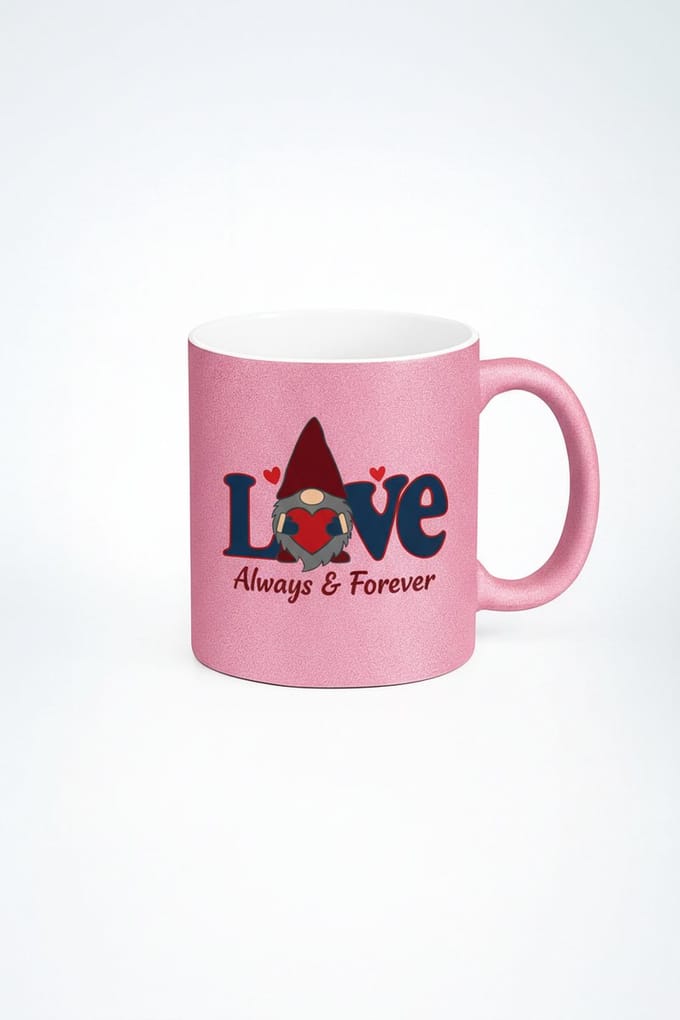 Roze Glitter Mok met 'Love Always & Forever' en Kabouter - Valentijnsdag Cadeau