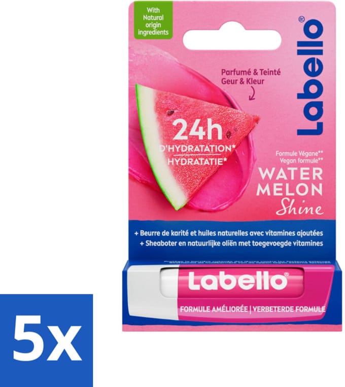 Labello Lippenbalsem Blister Watermelon Shine 4.8 gr - Bulkverpakking - 5 stuks