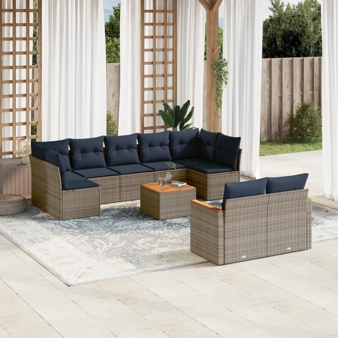 vidaXL - 10-delige - tuinbankset - met - kussens, - grijs - polyrotan