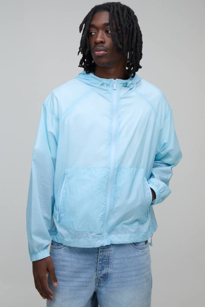 Oversized Boxy Glow In The Dark Transparante Cagoule Met Capuchon En Togglesluiting | Blue | Size Small