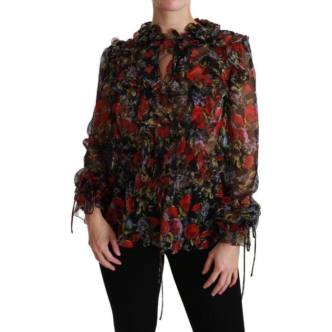 Dolce & Gabbana Zwarte Bloemen Rozen Blouse Zijde Top