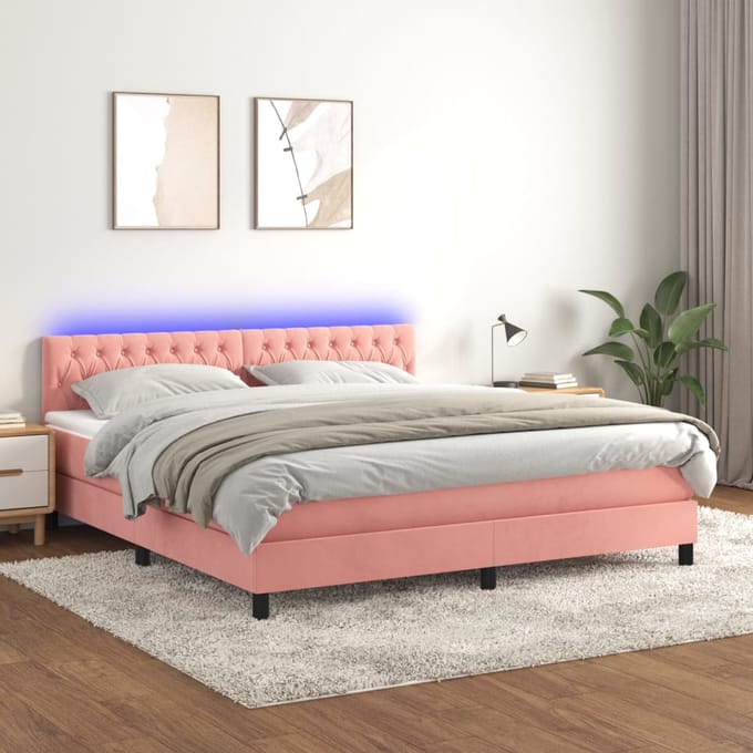 vidaXL - Boxspring - met - matras - en - LED - fluweel - roze - 160x200 - cm