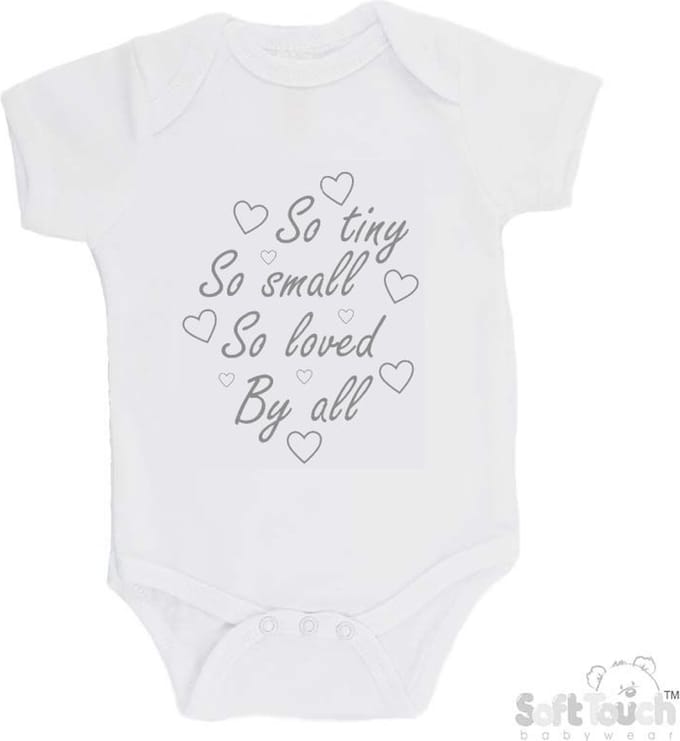 100% katoenen Romper "So Tiny So small So loved By all" Unisex Katoen Wit/grijs Maat 62/68