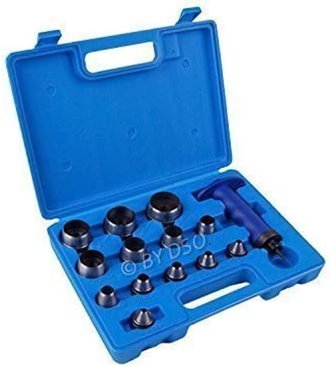 14-delig stansset voor diverse materialen, 5-35 mm diameter, geschikt voor rubber, leer en kunststof