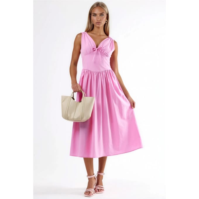 V-hals Midi Jurk met Strik Detail
