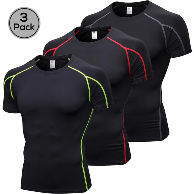 Lixada Pak van 3 Heren Korte Mouw Compressieshirt Sneldrogend Hardlopen Combo BM black
