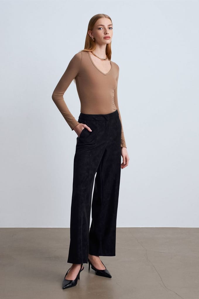 Hoge taille wijde broek van faux suede