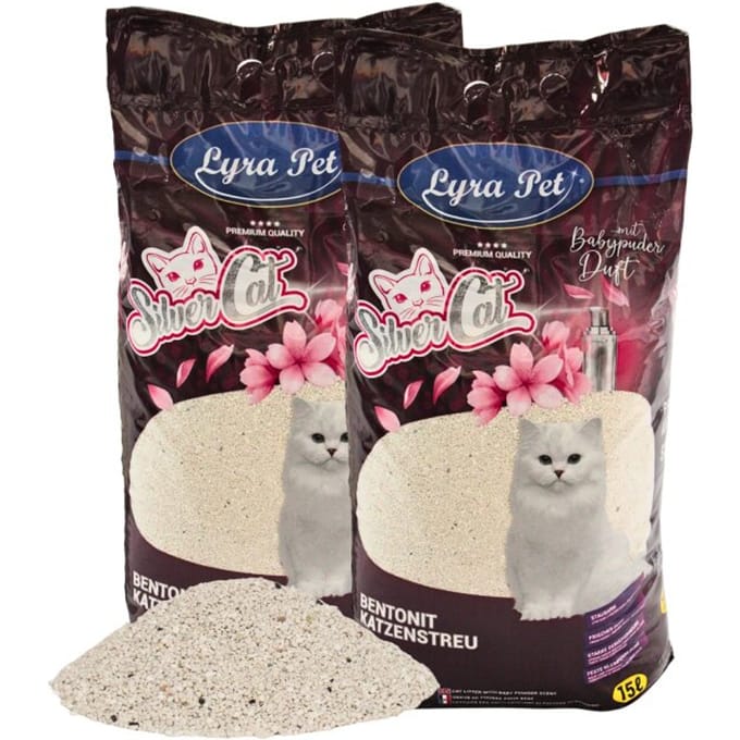 2 x 15 liter Lyra Pet® SilverCat® kattenbakvulling bentoniet met actieve kool