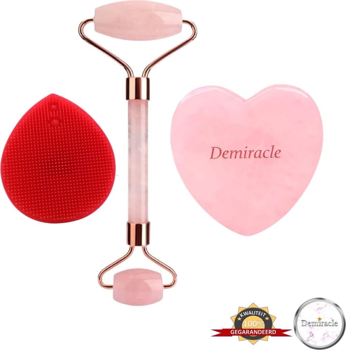 Demiracle® Face Roller & Gua Sha Love Bundle met Rode Siliconen Gezichtsborstel – Face Rollers – Rose Quartz – Gezichtsmassage – Massagetools – Massage - Ontspanning – Kwaliteit