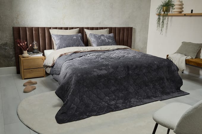 SleepMed Luxe Bedsprei Velvet 140x200cm - Incl 1 kussensloop - Polyester - Grijs
