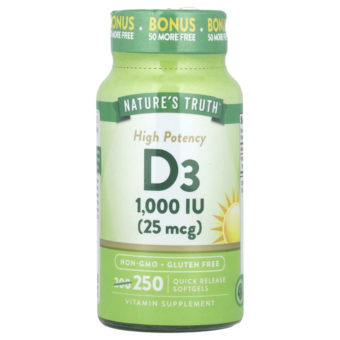 Nature's Truth, vitamine D3 haute puissance, 25 mcg (1 000 UI), 250 gélules à libération rapide