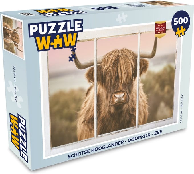 Puzzel Schotse hooglander - Doorkijk - Zee - Legpuzzel - Puzzel 500 stukjes