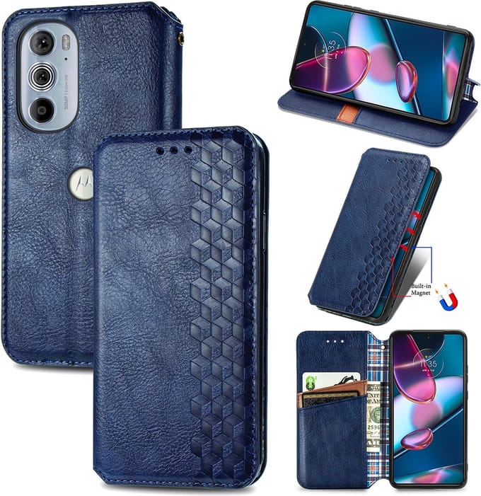 Luxe PU Lederen Ruitpatroon Wallet Case + Glas Screenprotector voor Edge 30 Pro _ Blauw