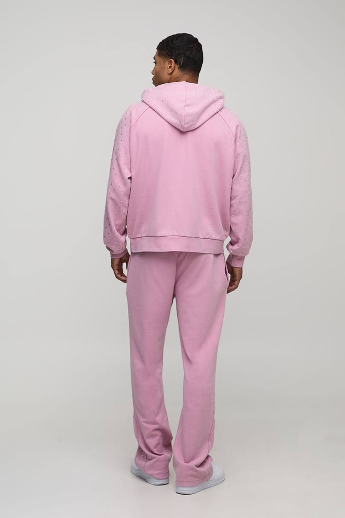 Oversized Boxy Men's Pailletten Gewassen Raglan Hoodie | Pink | Size Medium