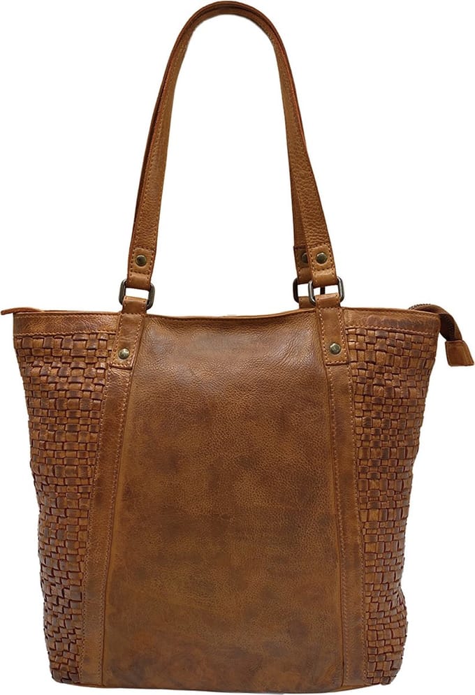 Shopper Dames met Rits - Cognac Gevlochten Leer - Shopper - Arrigo