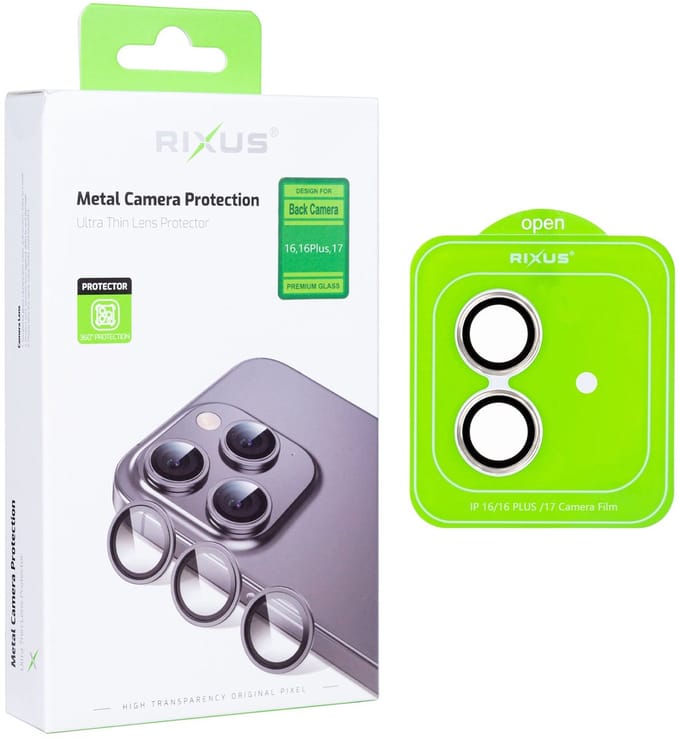 Rixus Metal Shield Camera Tempered Glass For Apple iPhone 16, 16 Plus, 17 Silver