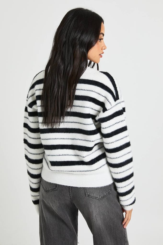 boohoo Dames Pluizige gebreide gestreepte cardigan | Mono | Maat: Small