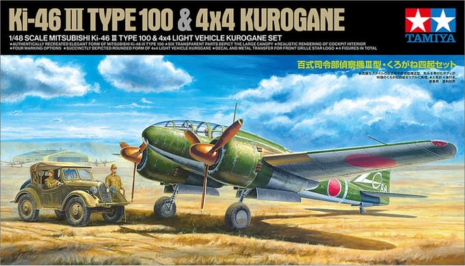 Tamiya Modelbouwpakket Auto - 25217 Mitsubishi Ki-46 III Type 100 en 4X4 Licht Voertuig Kurogane Set Plastic - 1:48 - Modelbouw