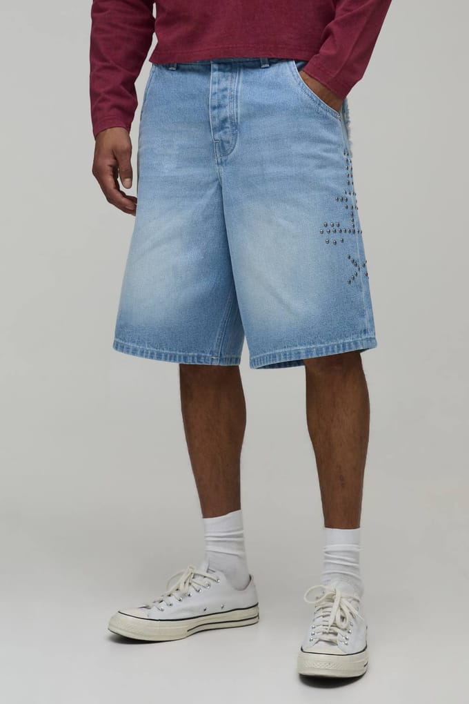 Wijde Stijve Versierde Distressed Denim Shorts Met Zakdetail | Washed Light Blue | Size 32
