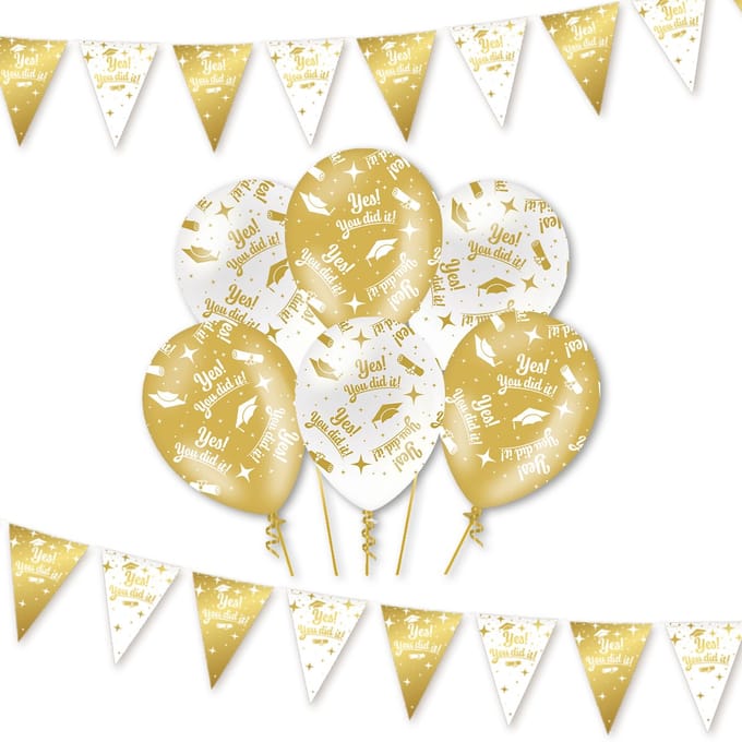 Q2P - You Did It! - Slingers - Ballonnen - Wit & Goud Set - Geslaagd Versiering - Helium Ballon