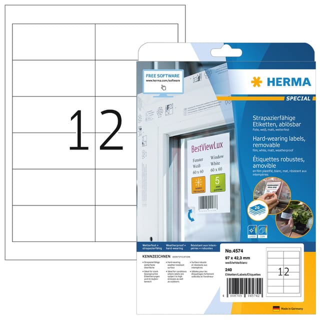 Herma hardwearing Labels 970 x423 20sheets white 240pc. 4574