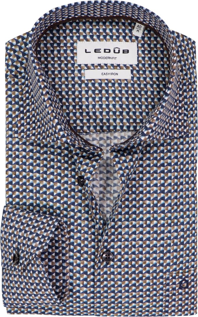 Ledub modern fit overhemd - popeline - donkerblauw dessin - Strijkvriendelijk - Boordmaat: 38