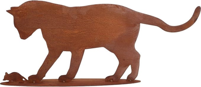 Roestige decoratieve kat met muis 57x23cm