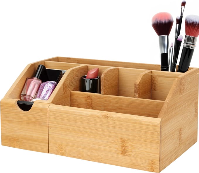 Eleganza Make-up organizer - bamboe hout - 24 x 15 x 11 cm - kwasten houder
