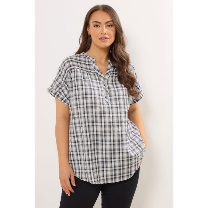 Yours Geruite Blouse Met Textuur En Korte Mouwen In Grijs Size 44