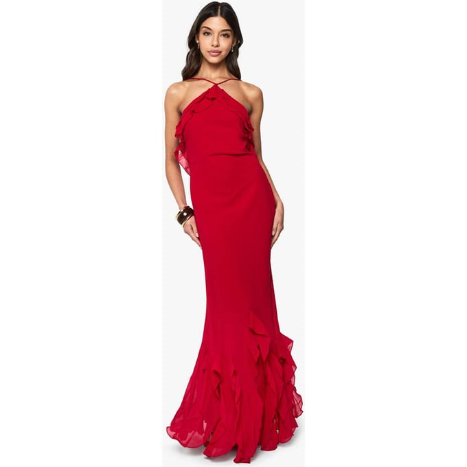 boohoo Dames Ruffle Halterneck Maxi Jurk | Rood | Maat: 44