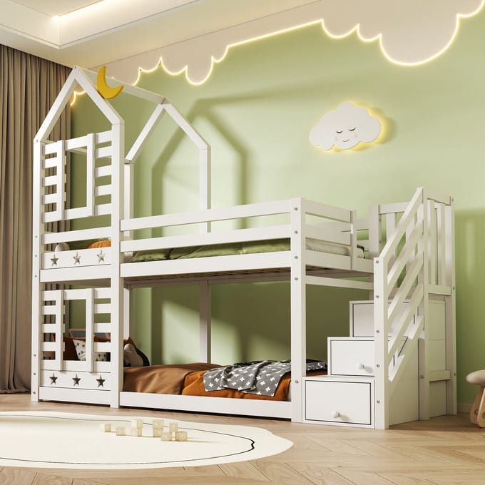 Stapelbed - 90 x 200 cm - Boomhut met Lades - Uitvalbeveiliging - Hout - Wit