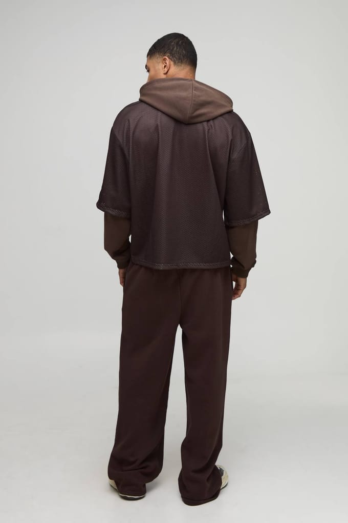 Oversized Boxy Varsity Applique Faux Layer Mesh Hockey Top Hoodie | Brown | Size Medium