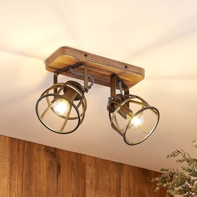Lindby - plafondlamp hout - 2lichts - Metaal, hout - H: 20 cm - E14 - zwart, bruin