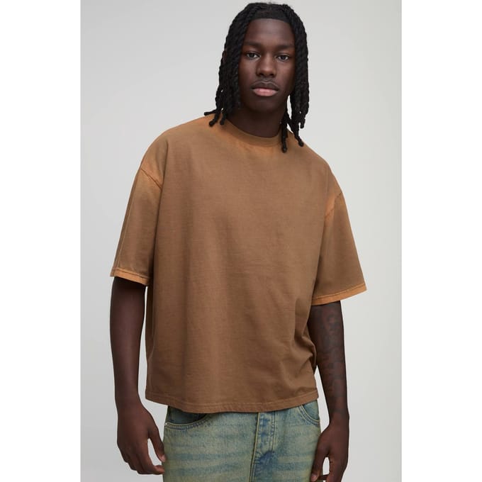 Oversized Gekrompen Spray Naad Wash T-shirt | Chocolate | Size Medium