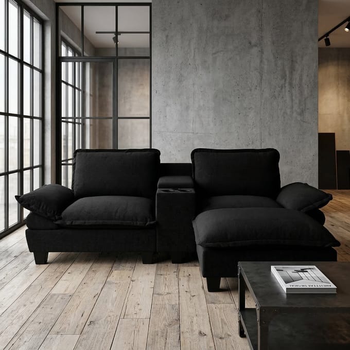 MODFU Modulaire Hoekbank - Met Opbergruimte En Usb-Aansluiting - Modern - Chenille - Zwart - 224 X 151 X 90 Cm