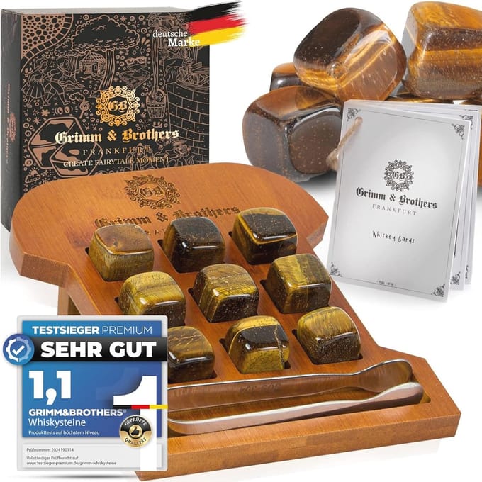 Whiskystenen Set van 9 Tijgeroogstenen met Bamboeframe - Herbruikbare Koelstenen voor Whisky, Gin en Drankjes