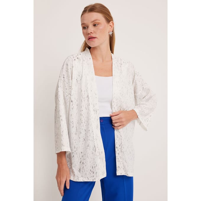 Geprinte Pompom Trim Schouderkraag Kimono