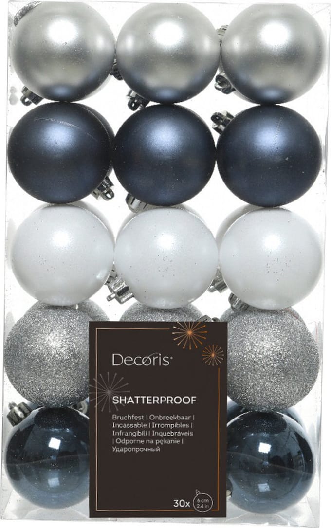 Decoris Kerstballen - 30x - 6 cm - kunststof - donkerblauw/wit/zilver