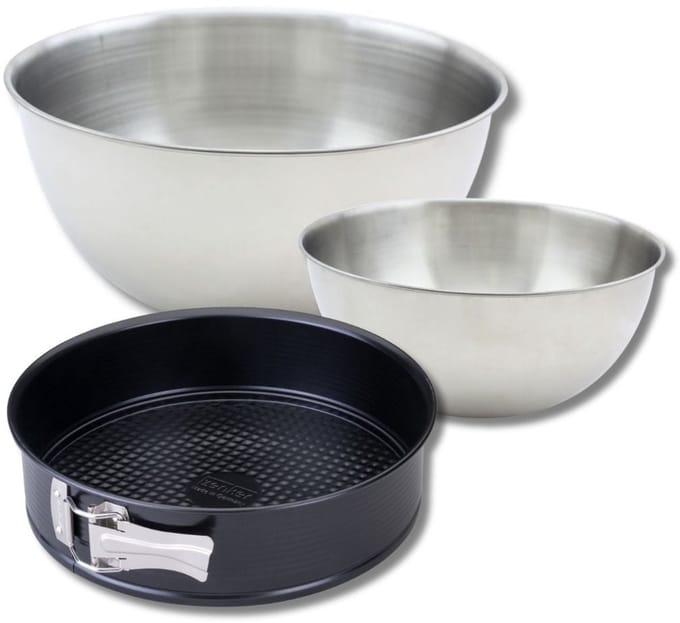 Set met 1 springvorm van 24 cm, 1 spatel Zenker en 2 roestvrijstalen mengkommen Fackelmann